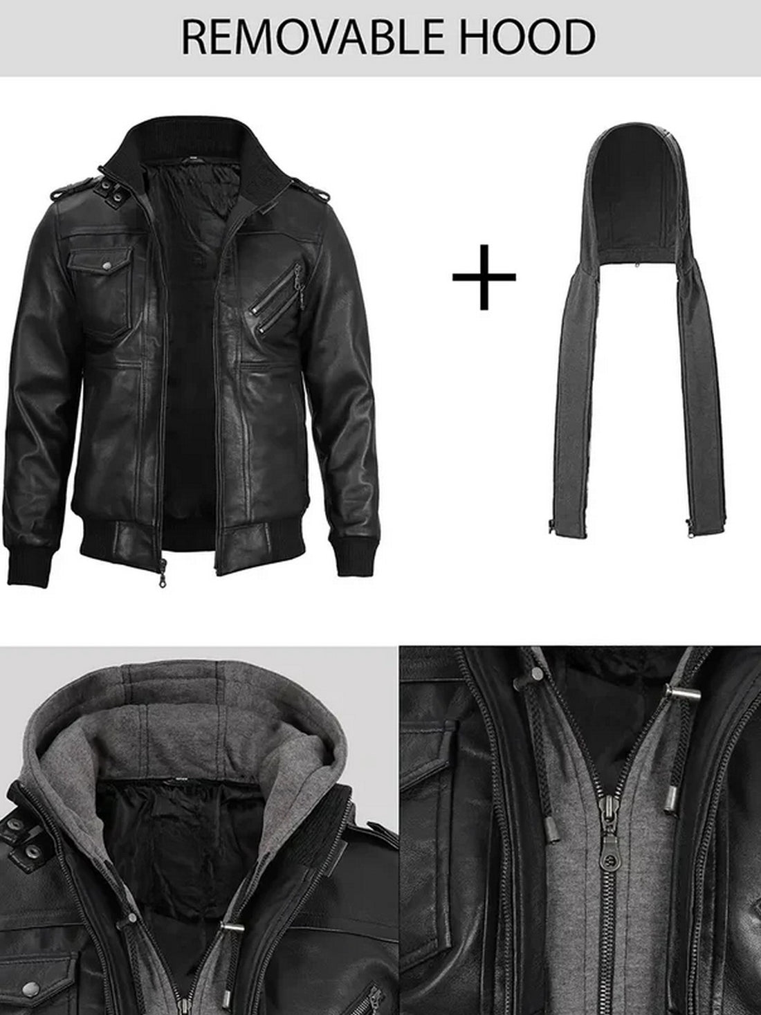 Men’s black hooded leather jacket front view – Livra Jackets