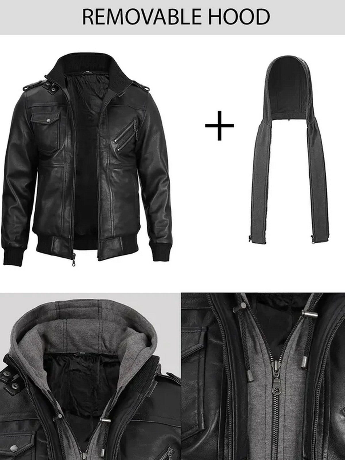 Men’s black leather jacket with detachable hood – Livra Jackets