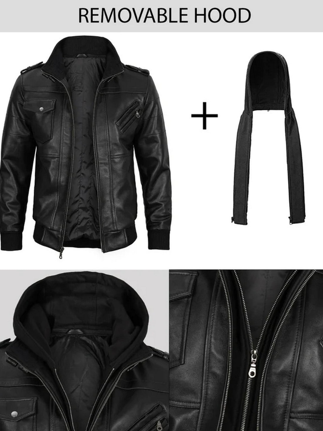 Men’s black hooded leather jacket front view – Livra Jackets