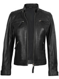 Black Quilted Leather Biker Jacket for Women Open Style