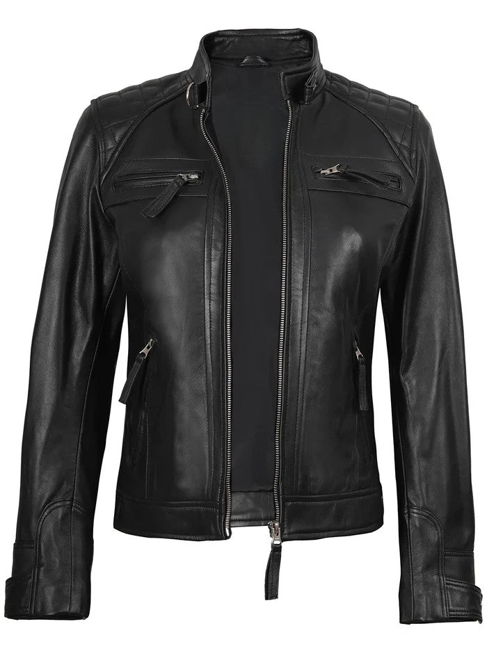 Black Quilted Leather Biker Jacket for Women Open Style