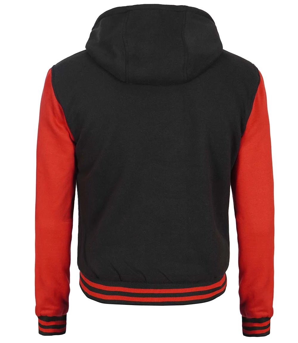 Open-front Black & Red Hooded Varsity Jacket with snap closure