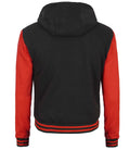 Back view of Black & Red Letterman Jacket with ribbed hem