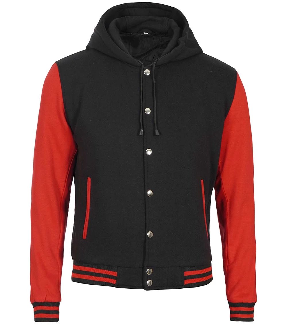 Black & Red Hooded Varsity Jacket – Baseball Style Letterman | Livra Jackets – Genuine Leather Jacket | Livra Jackets