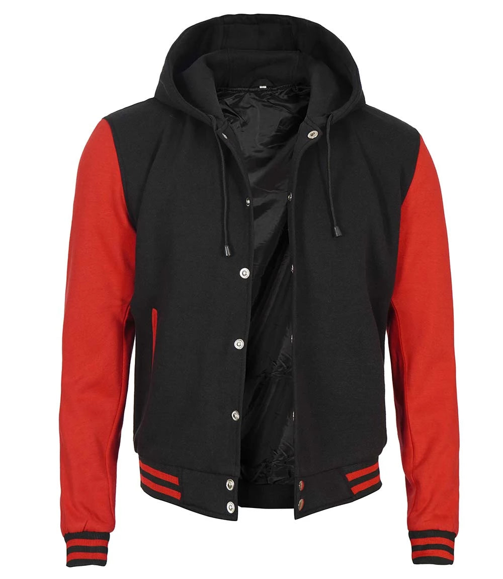 Open-front Black & Red Hooded Varsity Jacket with snap closure