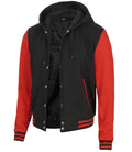 Side angle of Black & Red Hooded Baseball Style Jacket with hood