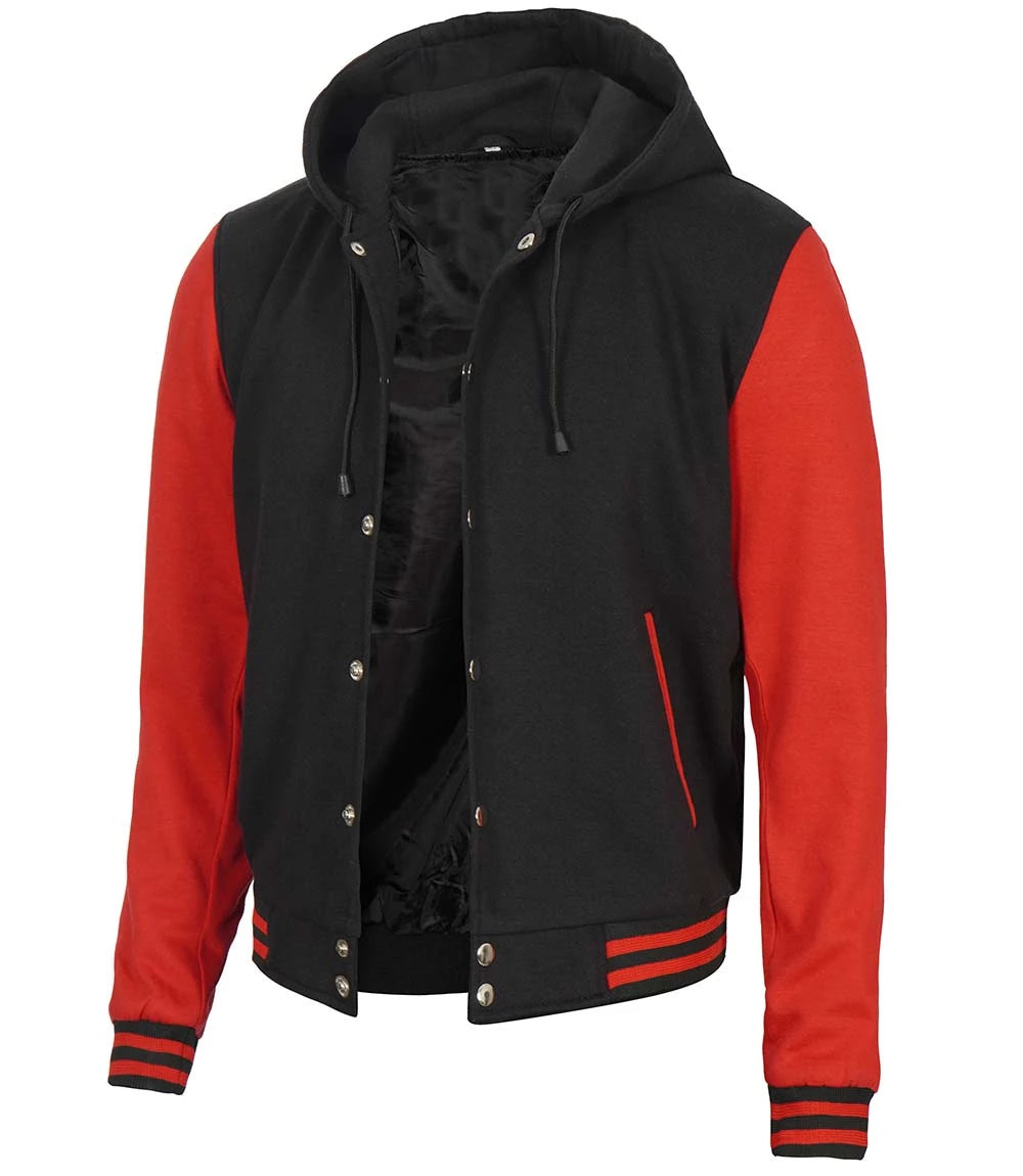 Side angle of Black & Red Hooded Baseball Style Jacket with hood
