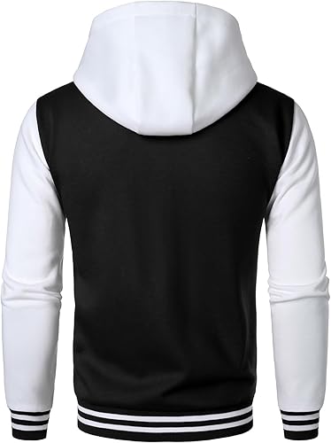 Front view of Black & White Baseball Letterman Jacket with hood