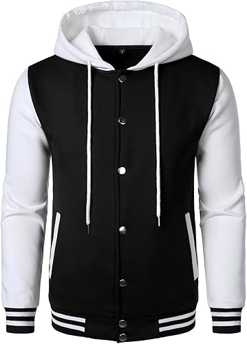 Front view of Black & White Baseball Letterman Jacket with hood