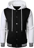 Front view of Black & White Baseball Letterman Jacket with hood