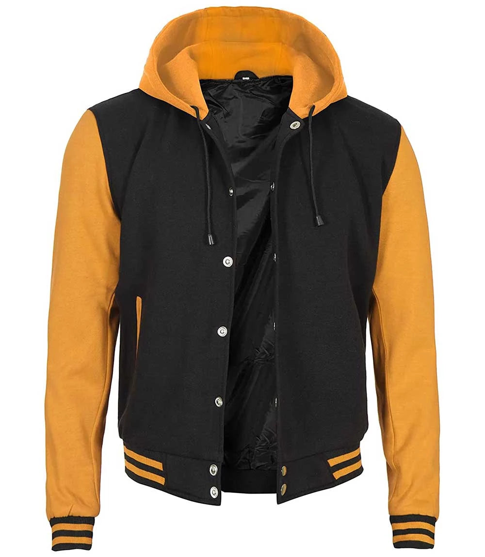 Open-front Black & Yellow Hooded Baseball Jacket