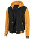Side angle of Black & Yellow Letterman Jacket with hood