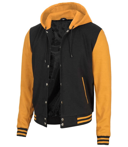 Side angle of Black & Yellow Letterman Jacket with hood