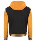 Back view of Black & Yellow Varsity Jacket with striped hem