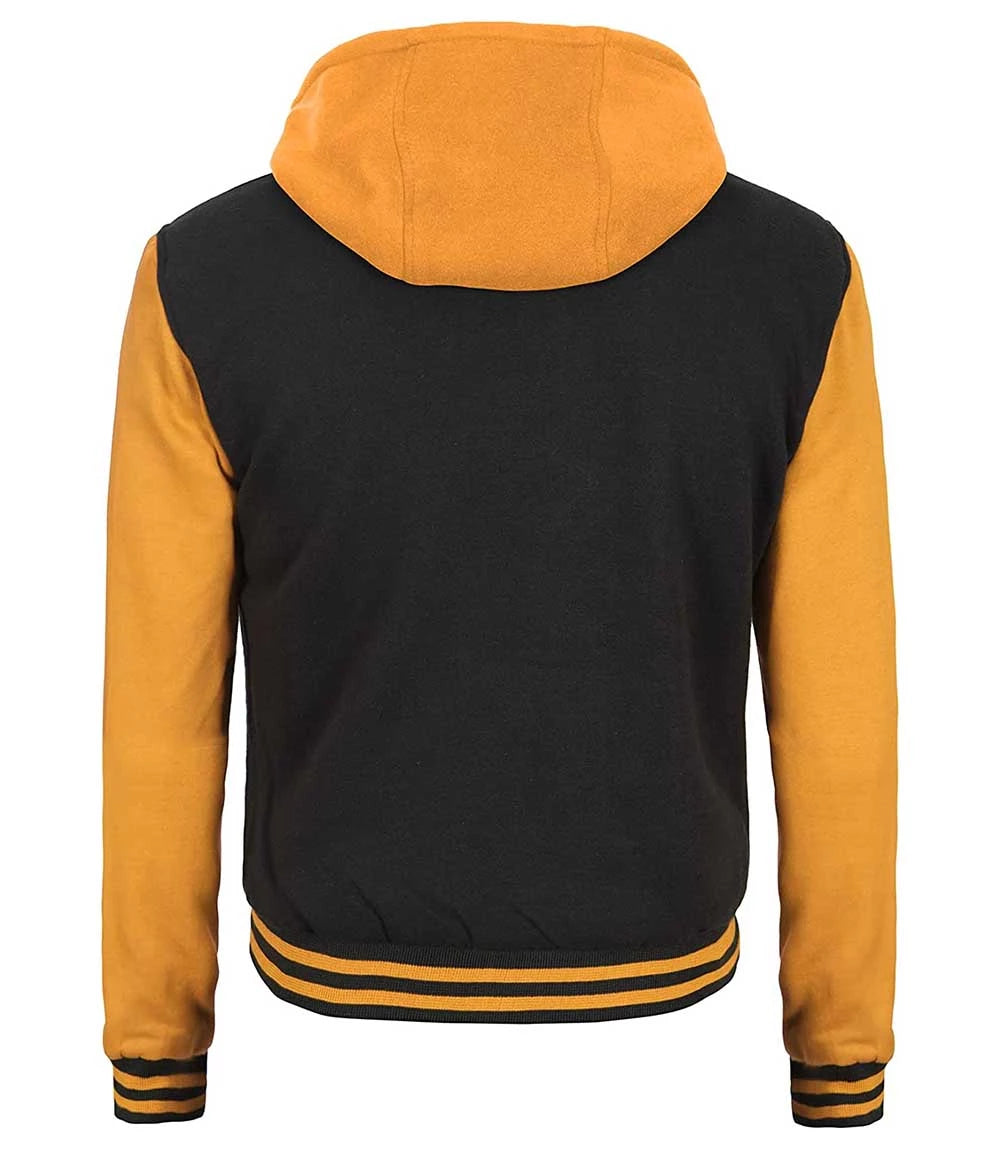 Back view of Black & Yellow Varsity Jacket with striped hem