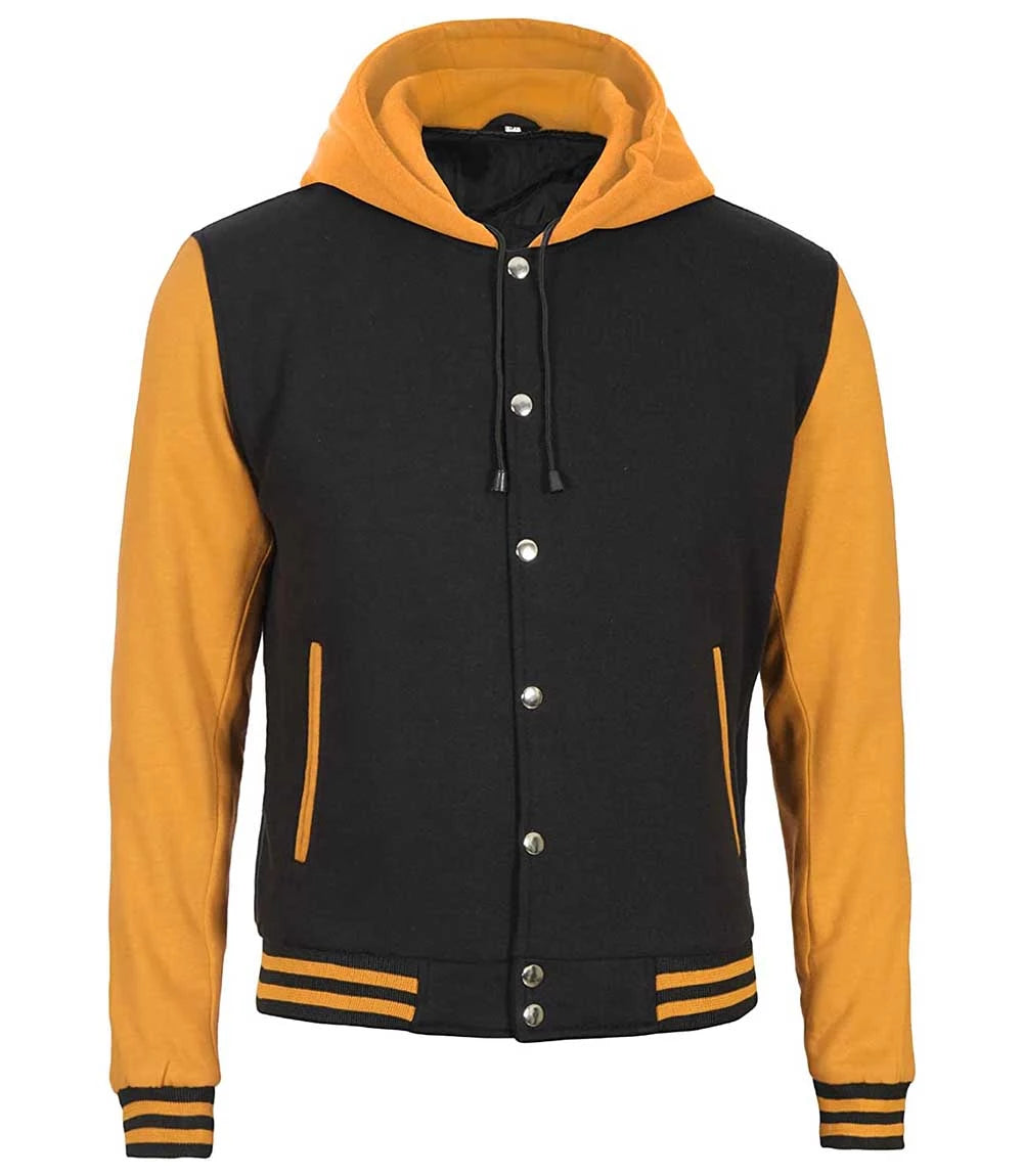 Front view of Black & Yellow Hooded Varsity Jacket – Livra Jackets