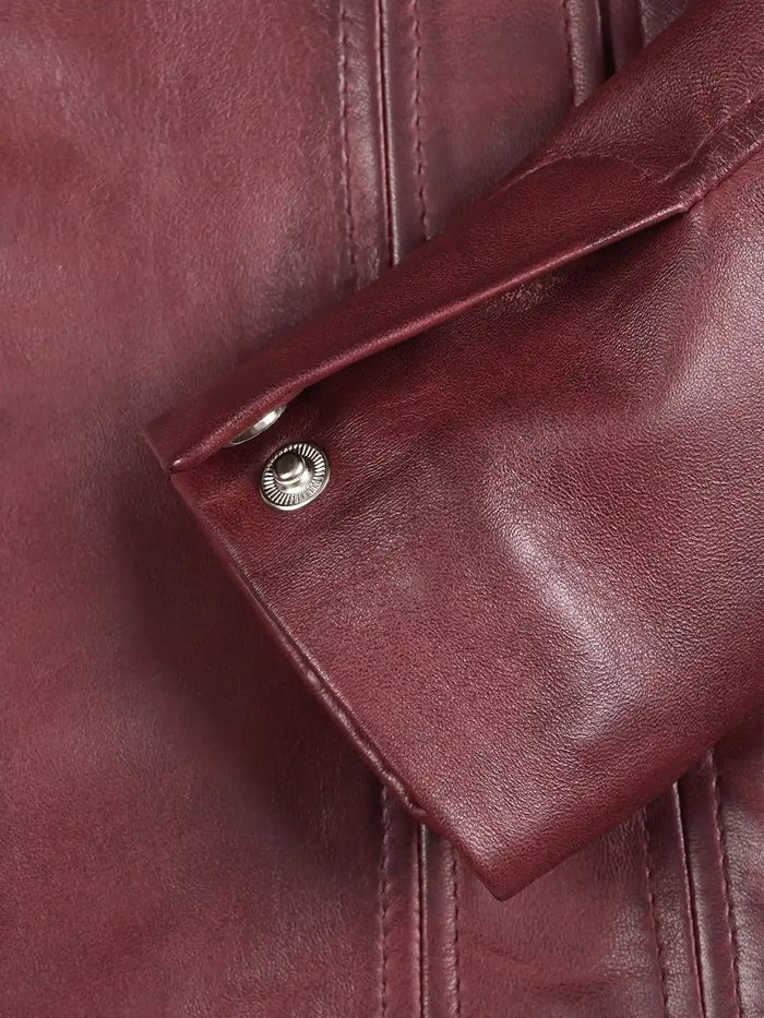 Close-up of Burgundy Leather Blazer Sleeve & Button