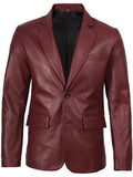 Slim Fit Burgundy Leather Blazer with Notch Lapel