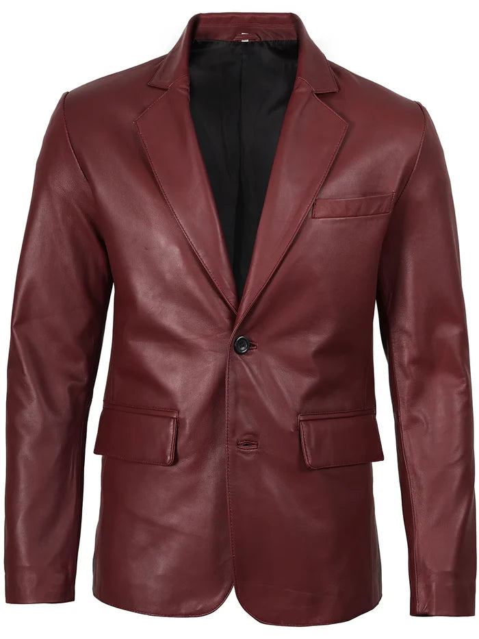 Slim Fit Burgundy Leather Blazer with Notch Lapel