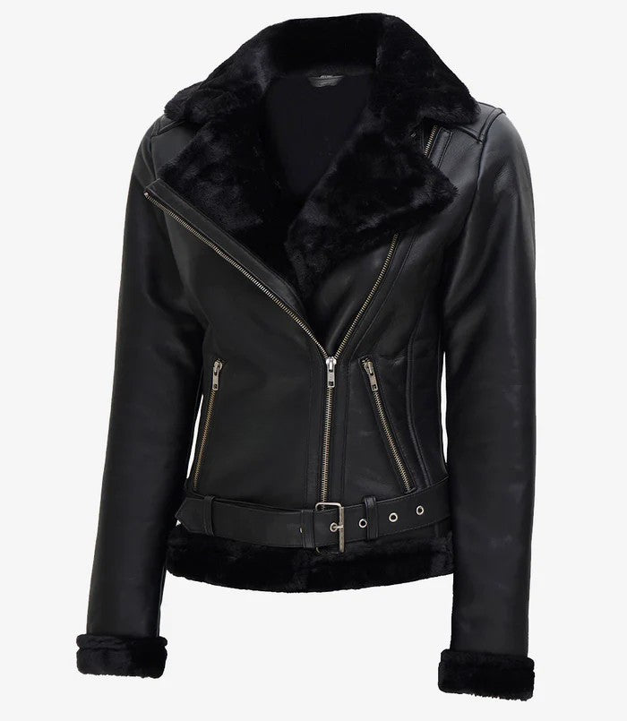 Women’s Warm Lined Black Shearling Leather Jacket