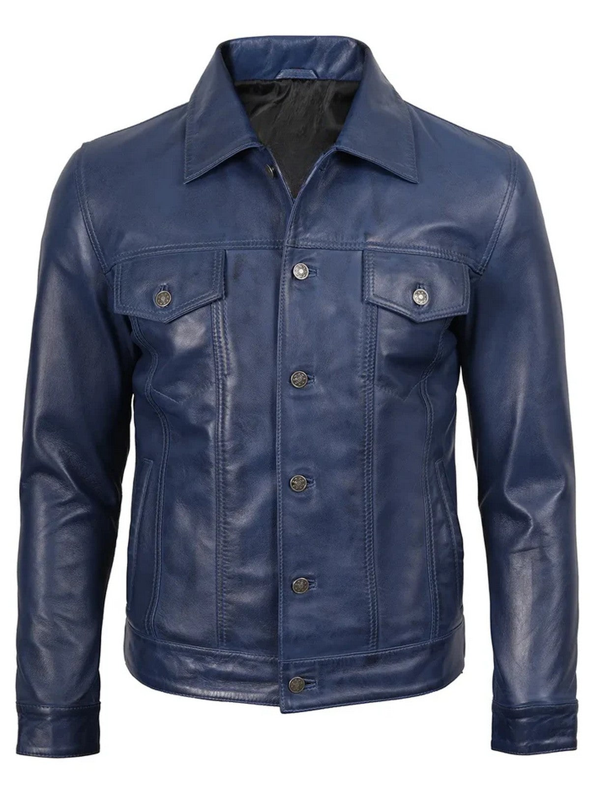 Classic Blue Leather Trucker Jacket Slim Fit Style