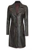 Classic Brown Rub-Off Leather Coat with Button Closure
