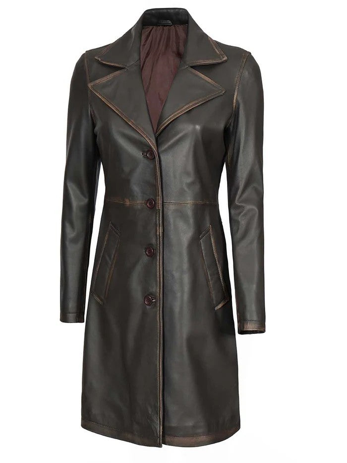 Classic Brown Rub-Off Leather Coat with Button Closure