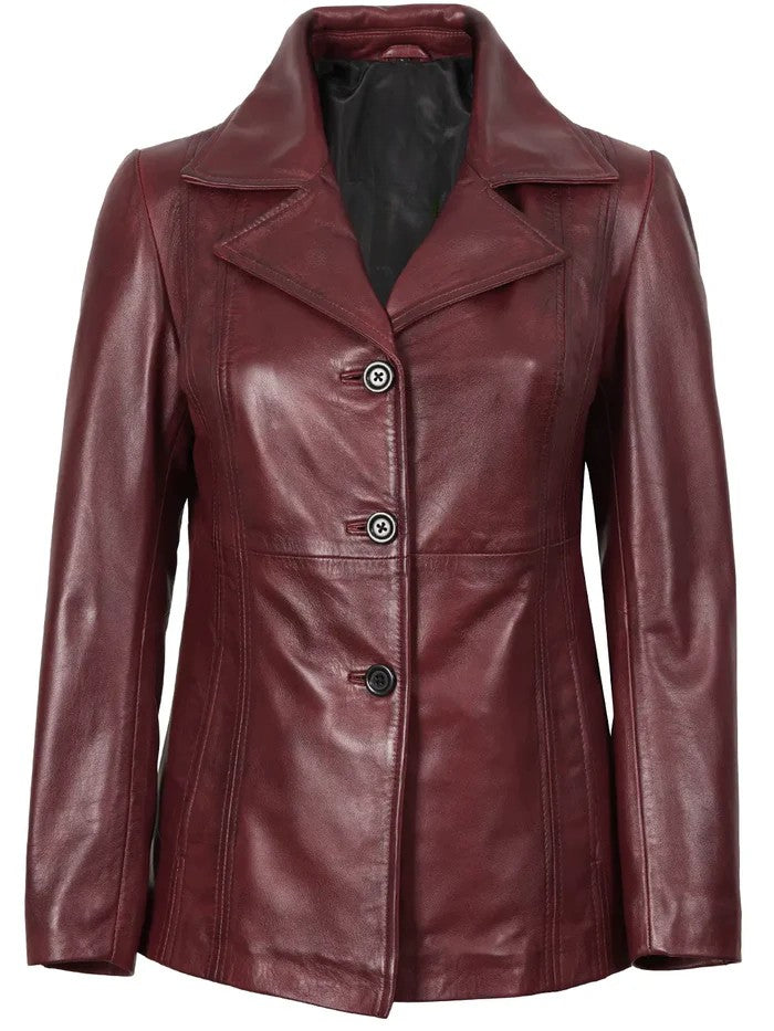 Classic Burgundy Leather Blazer with Button Closure