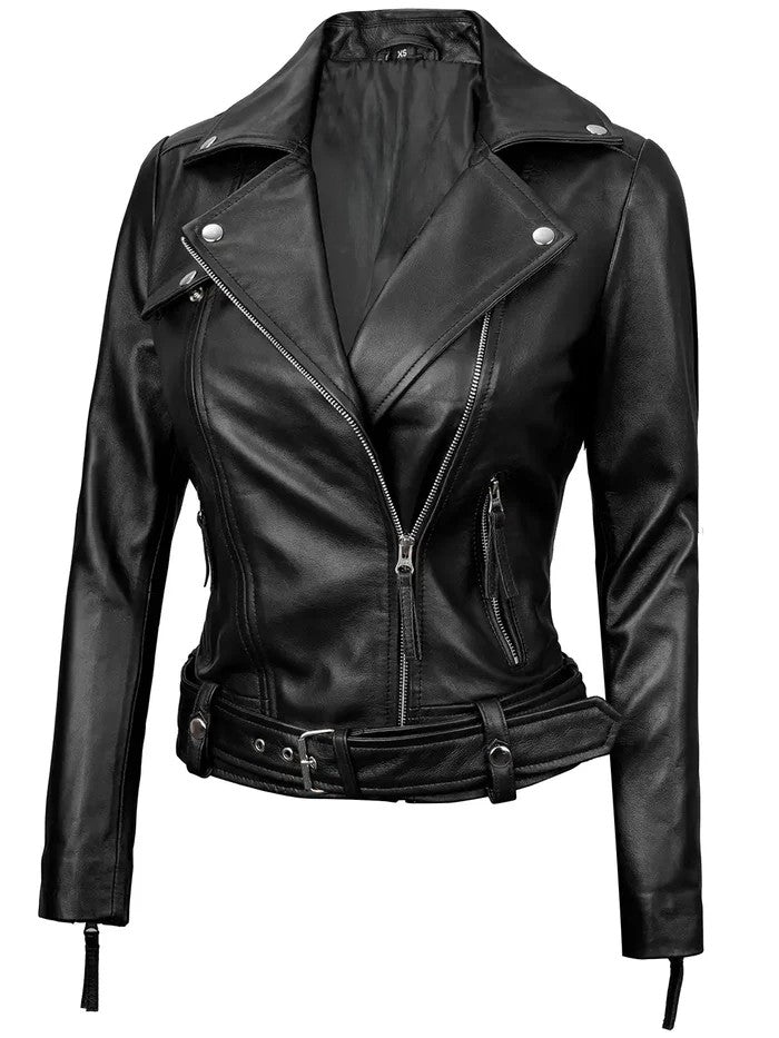 Classic Moto Style Black Leather Jacket Side Angle