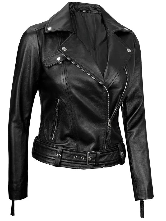 Classic Moto Style Black Leather Jacket Side Angle