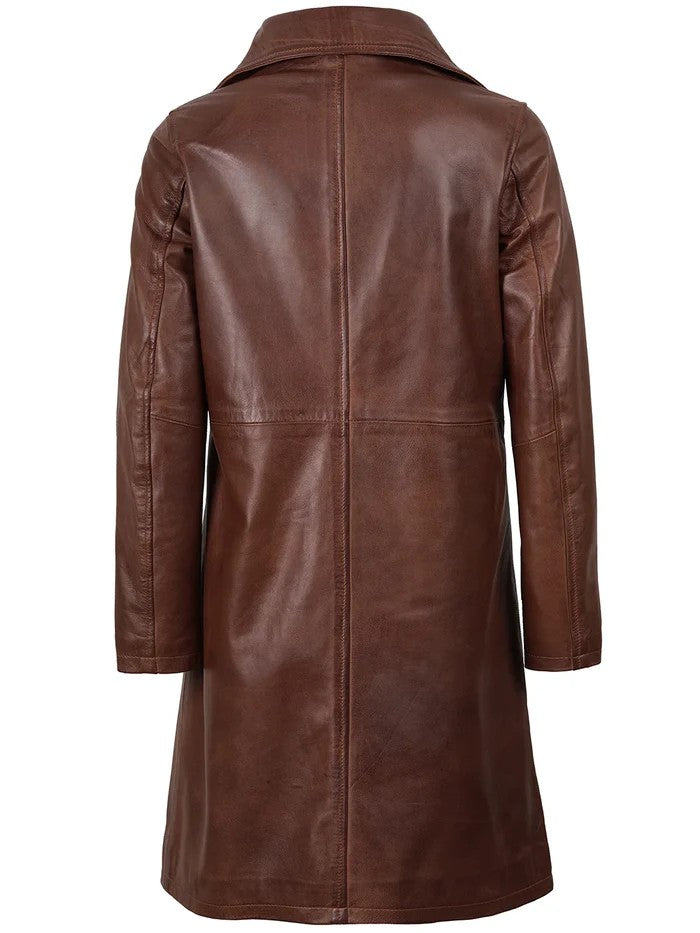 Women’s Cognac Brown Leather Coat Front View