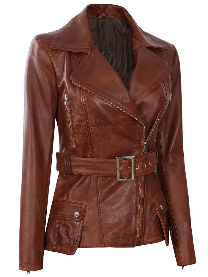 Cognac Brown Leather Jacket for women with belt