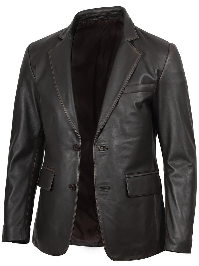 Stylish men’s genuine leather blazer in dark brown