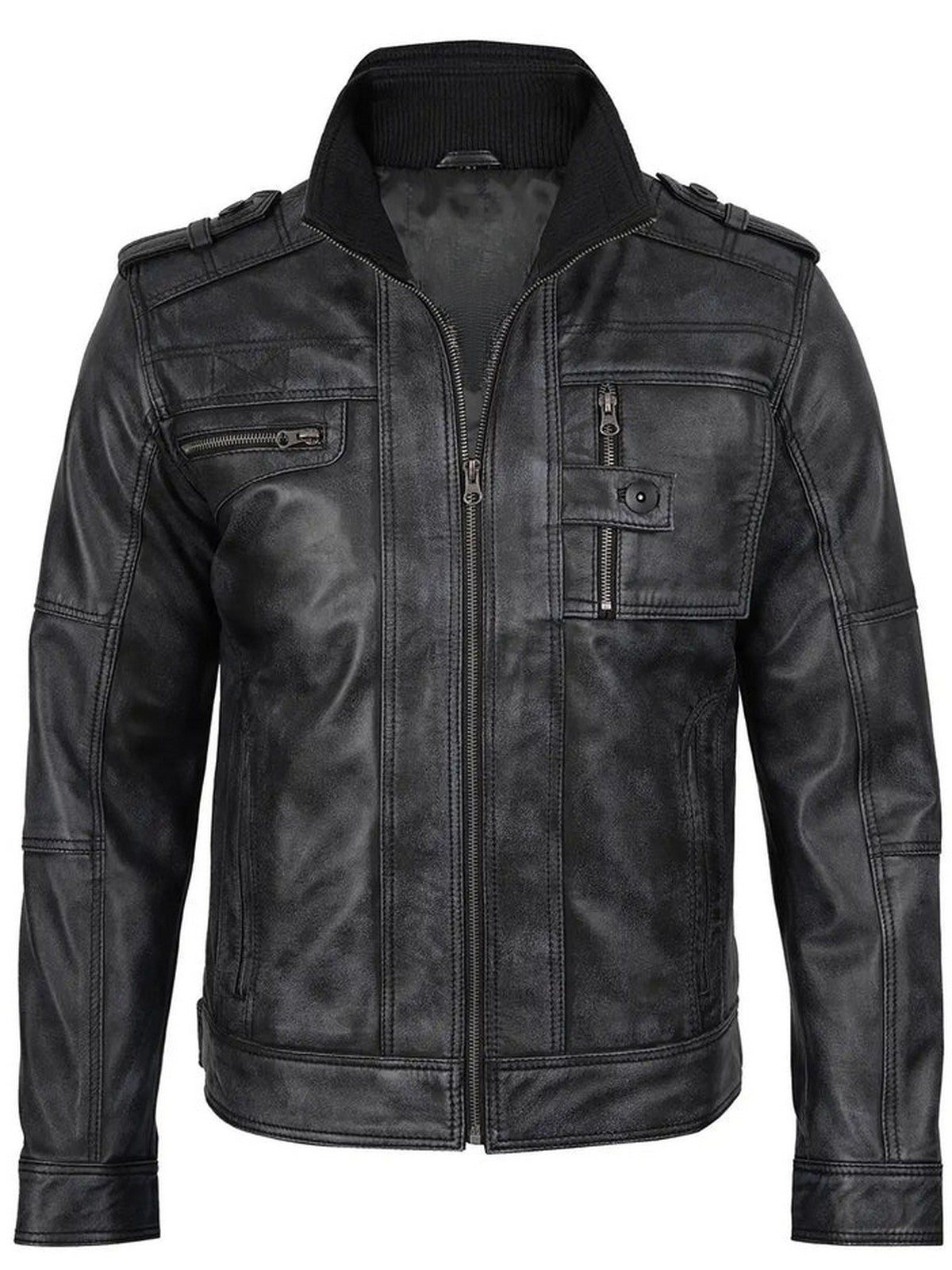 Distressed Black Leather Jacket Side View