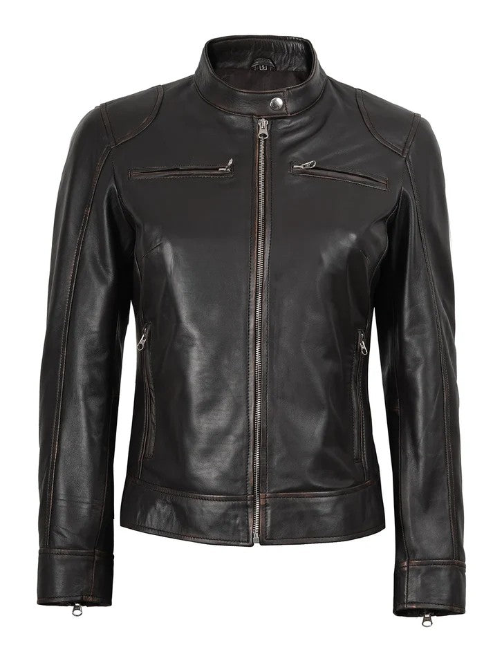Dodge Women’s Rub Off Brown Vintage Leather Jacket Front View