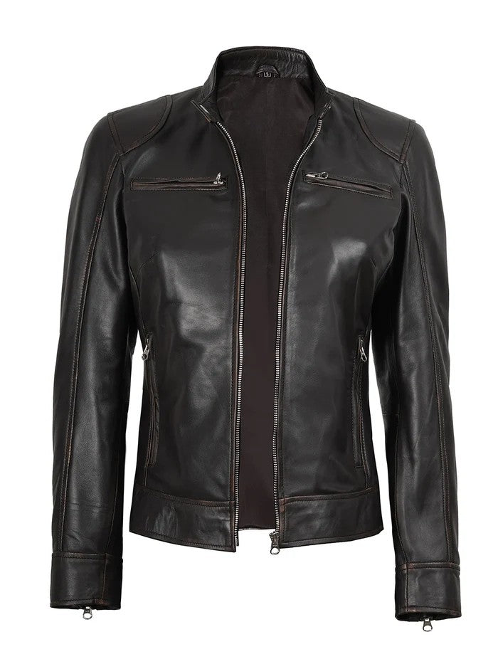 Dodge Women’s Rub Off Brown Vintage Leather Jacket Front View