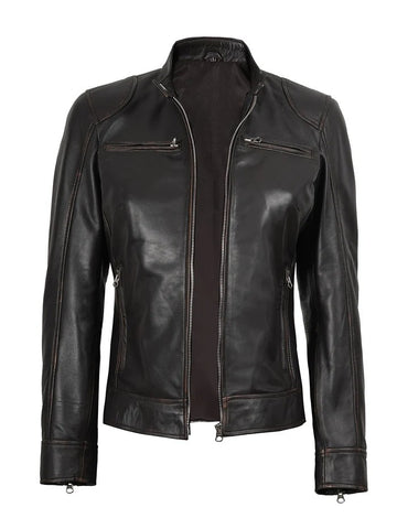 Dodge Women’s Rub Off Brown Vintage Leather Jacket Front View