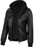 Edinburgh Women’s Bomber Leather Jacket with Hoodie – Side Angle