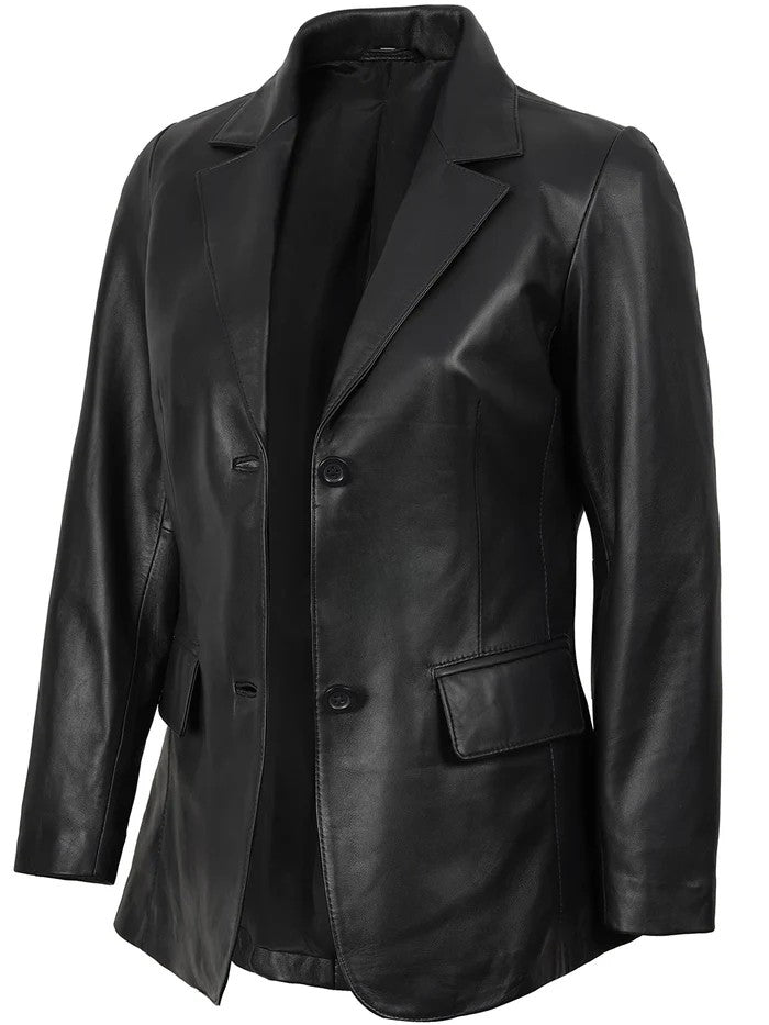 Elegant Women’s Black Real Leather Blazer Side Angle