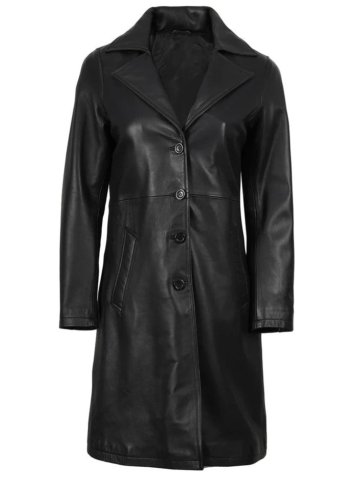 Elegant 3/4 Length Black Leather Coat for Women