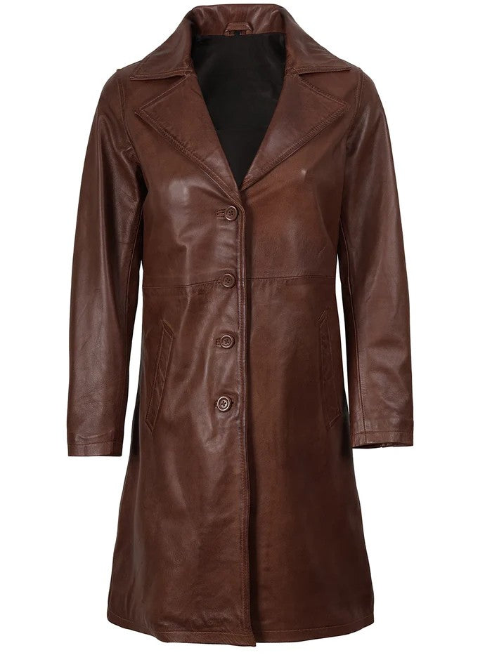 Elegant Brown Leather Coat with Button Closure