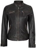 Front zipped view of Women’s Rub Off Brown Leather Jacket