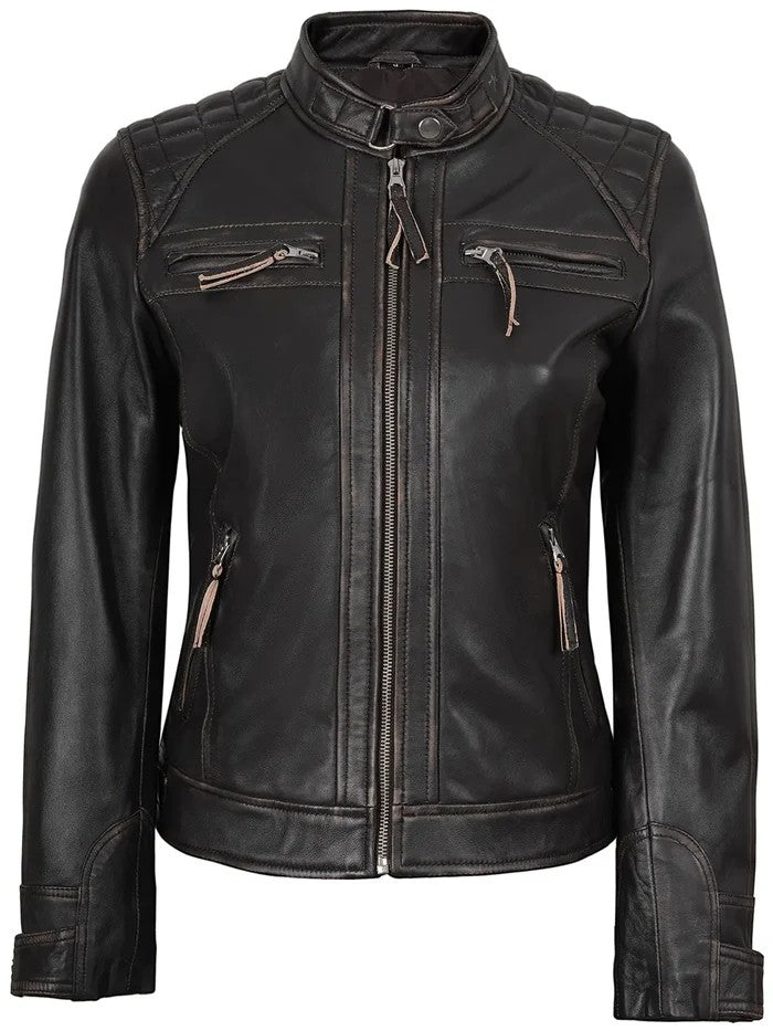 Front zipped view of Women’s Rub Off Brown Leather Jacket