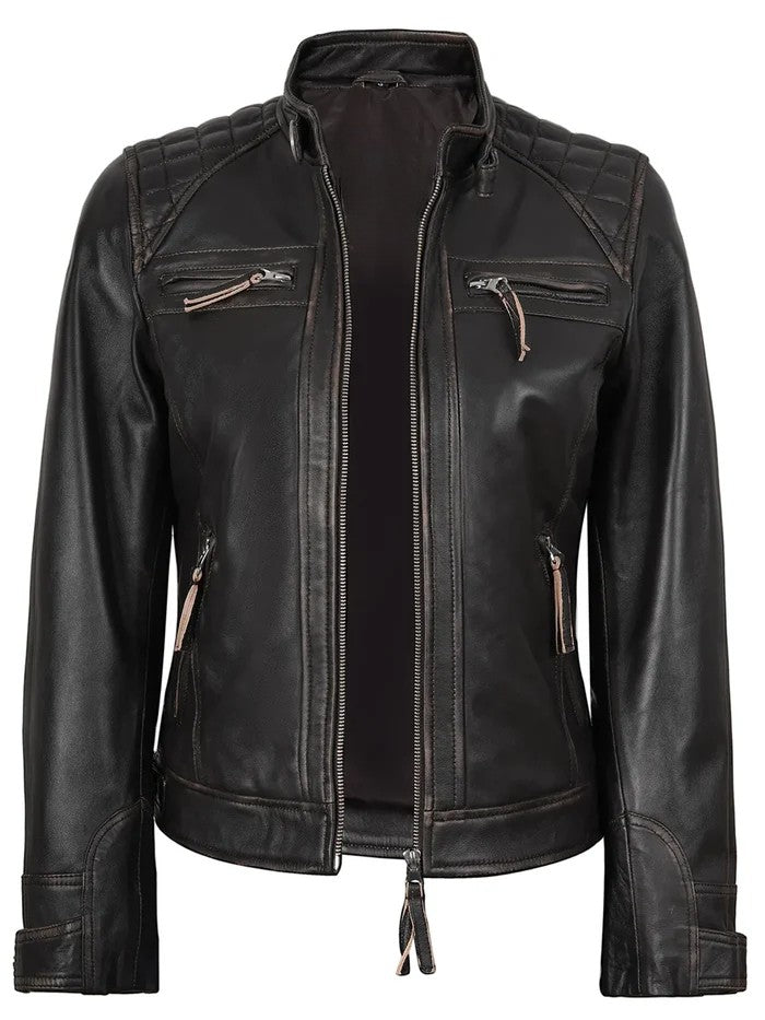 Women’s Rub Off Brown Quilted Leather Jacket Front Open Look