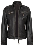 Women’s Rub Off Brown Quilted Leather Jacket Front Open Look