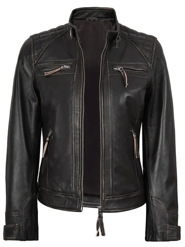 Women’s Rub Off Brown Quilted Leather Jacket Front Open Look