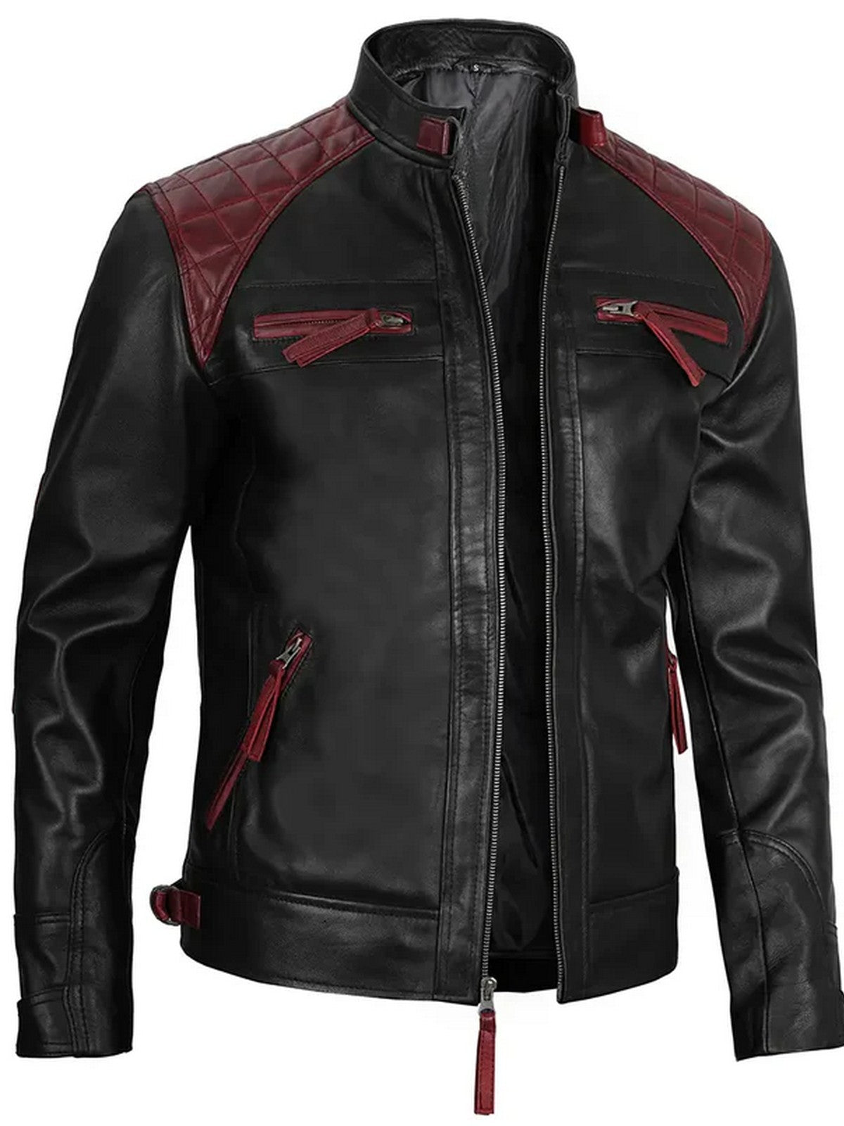 Genuine Leather Black & Red Slim Fit Jacket
