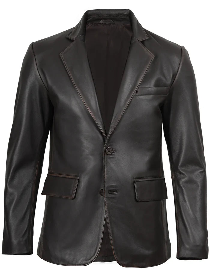Men’s rub-off leather blazer with notch lapel and flap pockets
