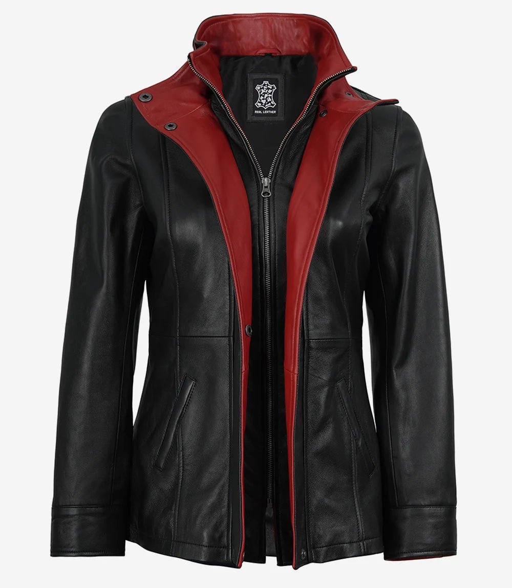 Livra Jackets – Women’s Black Leather Jacket High Collar with Red Accents – Genuine Leather Jacket | Livra Jackets