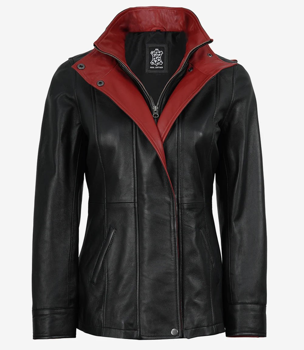 Livra Jackets – Women’s Black Leather Jacket High Collar with Red Accents – Genuine Leather Jacket | Livra Jackets